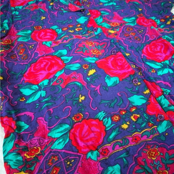 Vintage Short Sleeve Floral Shirt Pink Purple Teal Button Down Size Large - Picture 2 of 3